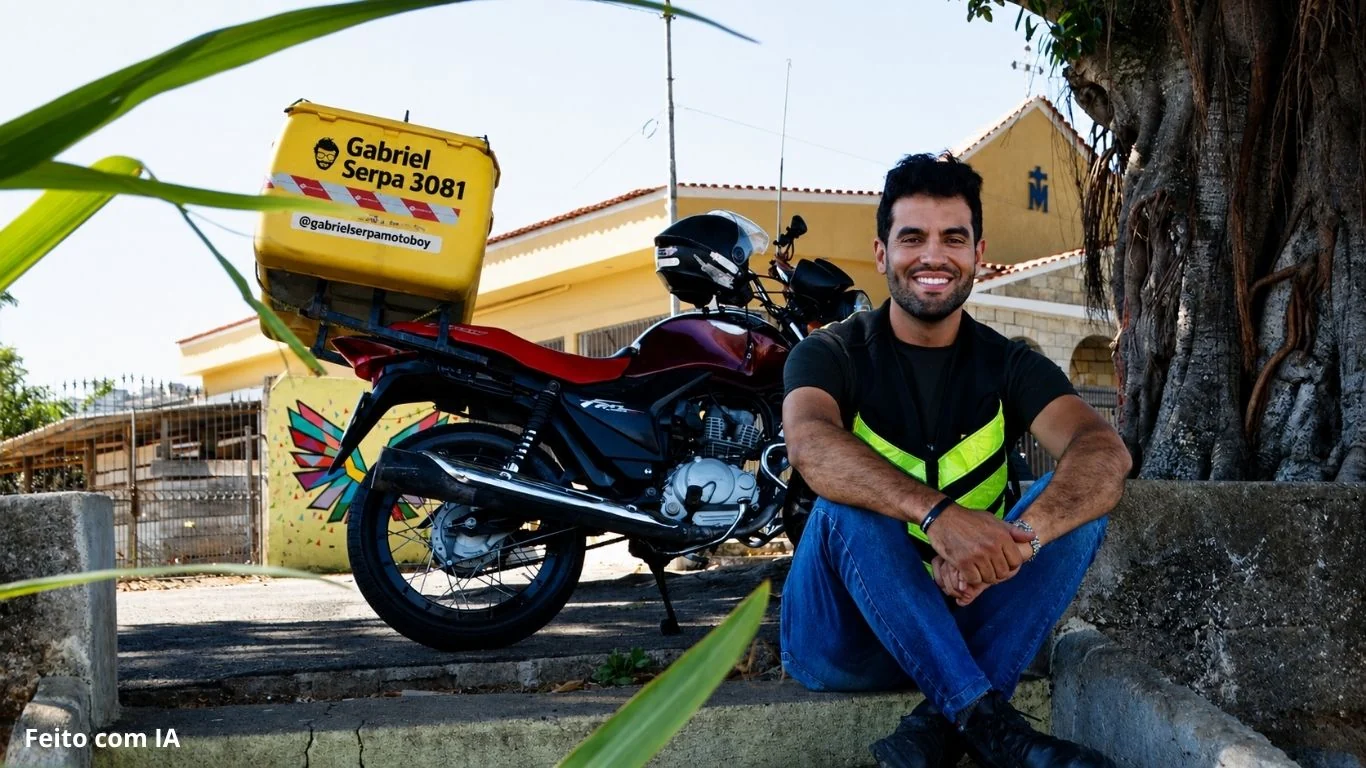 Gabriel Serpa Motoboy sentado sorrindo, com a moto ao fundo. Imagem gerada por inteligência artificial (ChatGPT, da OpenAI).
