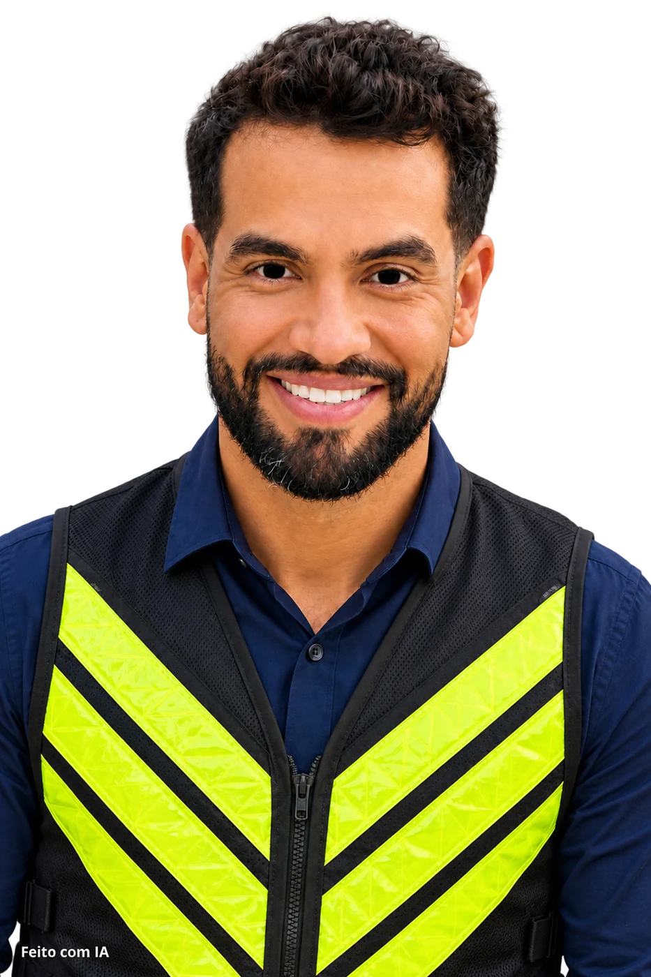 Gabriel Serpa, motoboy e candidato a deputado federal, sorrindo com o colete refletivo de entregador. Imagem gerada por inteligência artificial (ChatGPT, da OpenAI).