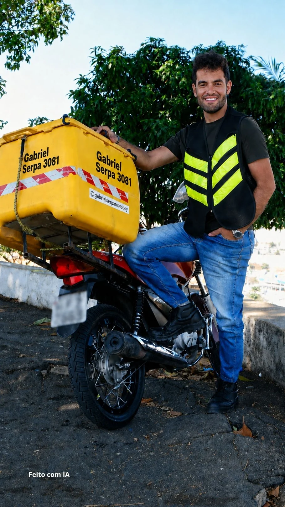 Gabriel Serpa Motoboy em pé ao lado da moto de trabalho. Imagem gerada por inteligência artificial (ChatGPT, da OpenAI).