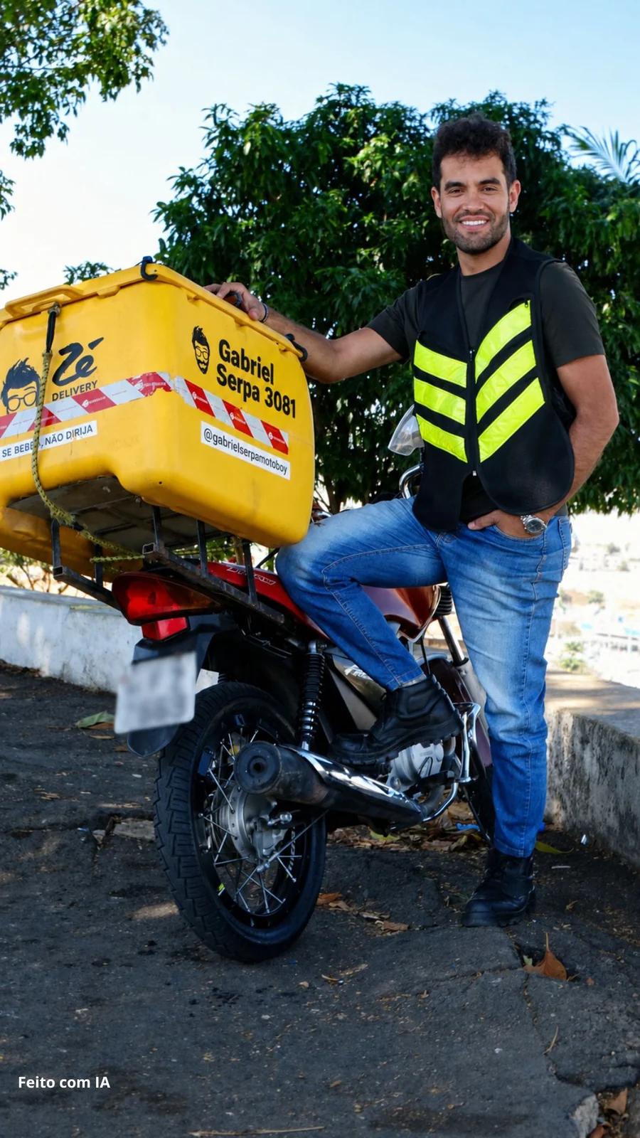 Gabriel Serpa Motoboy em pé ao lado da moto de trabalho. Imagem gerada por inteligência artificial (ChatGPT, da OpenAI).