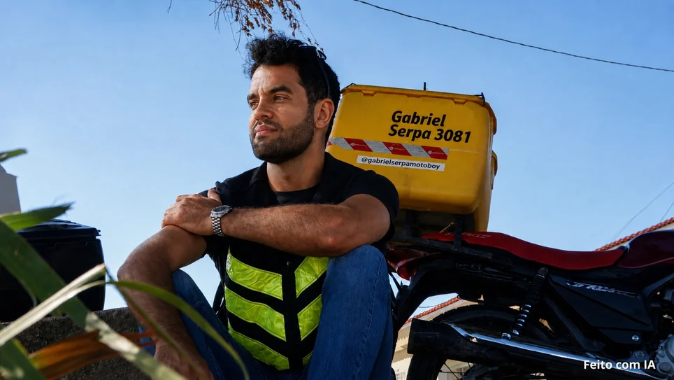 Gabriel Serpa Motoboy na moto, olhando o horizonte. Imagem gerada por inteligência artificial (ChatGPT, da OpenAI).