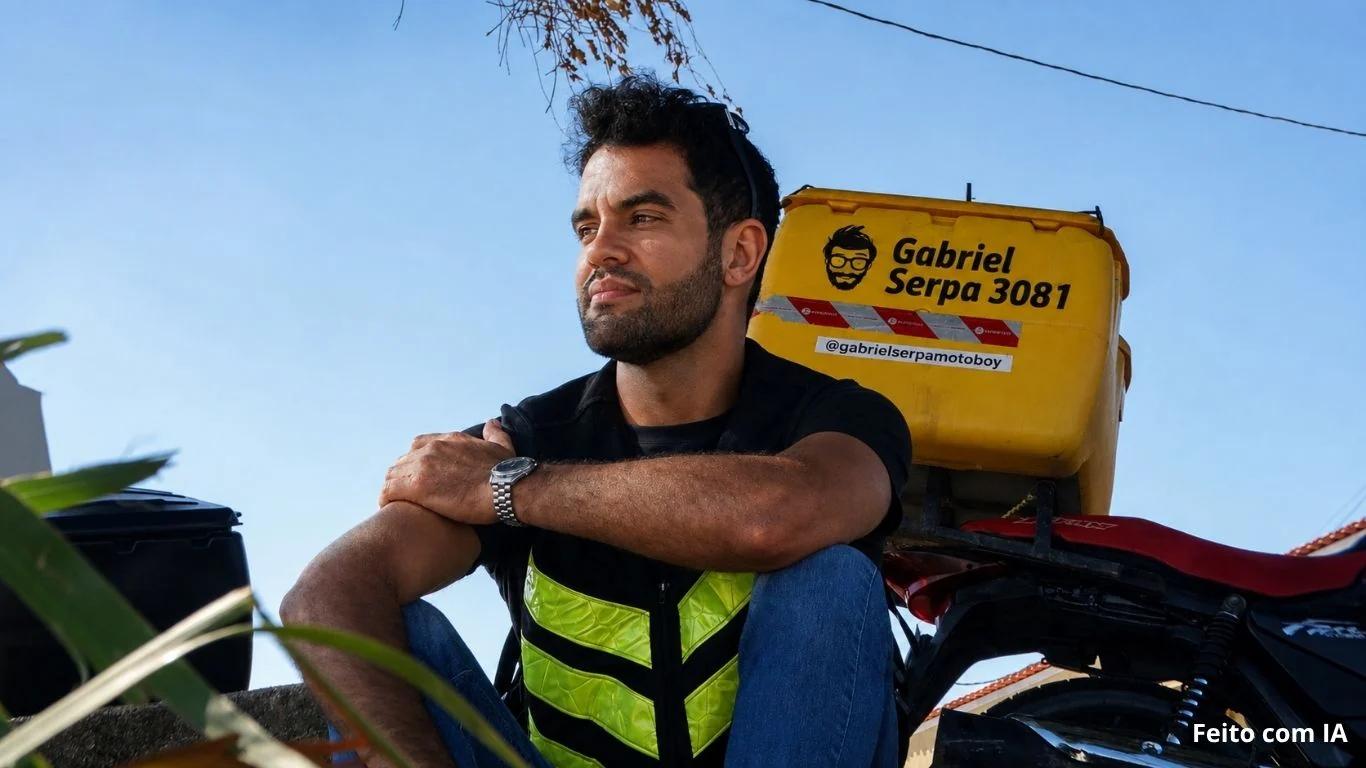 Gabriel Serpa Motoboy na moto, olhando o horizonte. Imagem gerada por inteligência artificial (ChatGPT, da OpenAI).